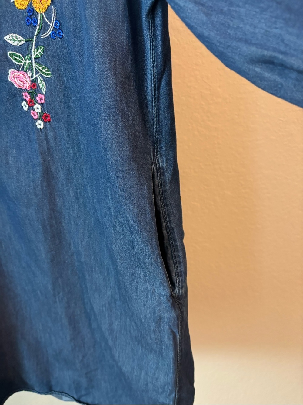 ASOS Blue Denim Floral Embroidered Quarter-sleeve Mini Dress Size Small - Picture 7 of 9